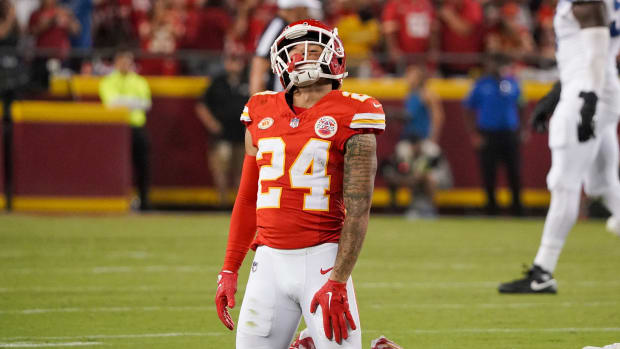 Sep 7, 2023; Kansas City, Missouri, USA; Kansas City Chiefs wide receiver Skyy Moore (24) reacts after dropping a pass against the Detroit Lions during the second half at GEHA Field at Arrowhead Stadium. Mandatory Credit: Denny Medley-USA TODAY Sports  
